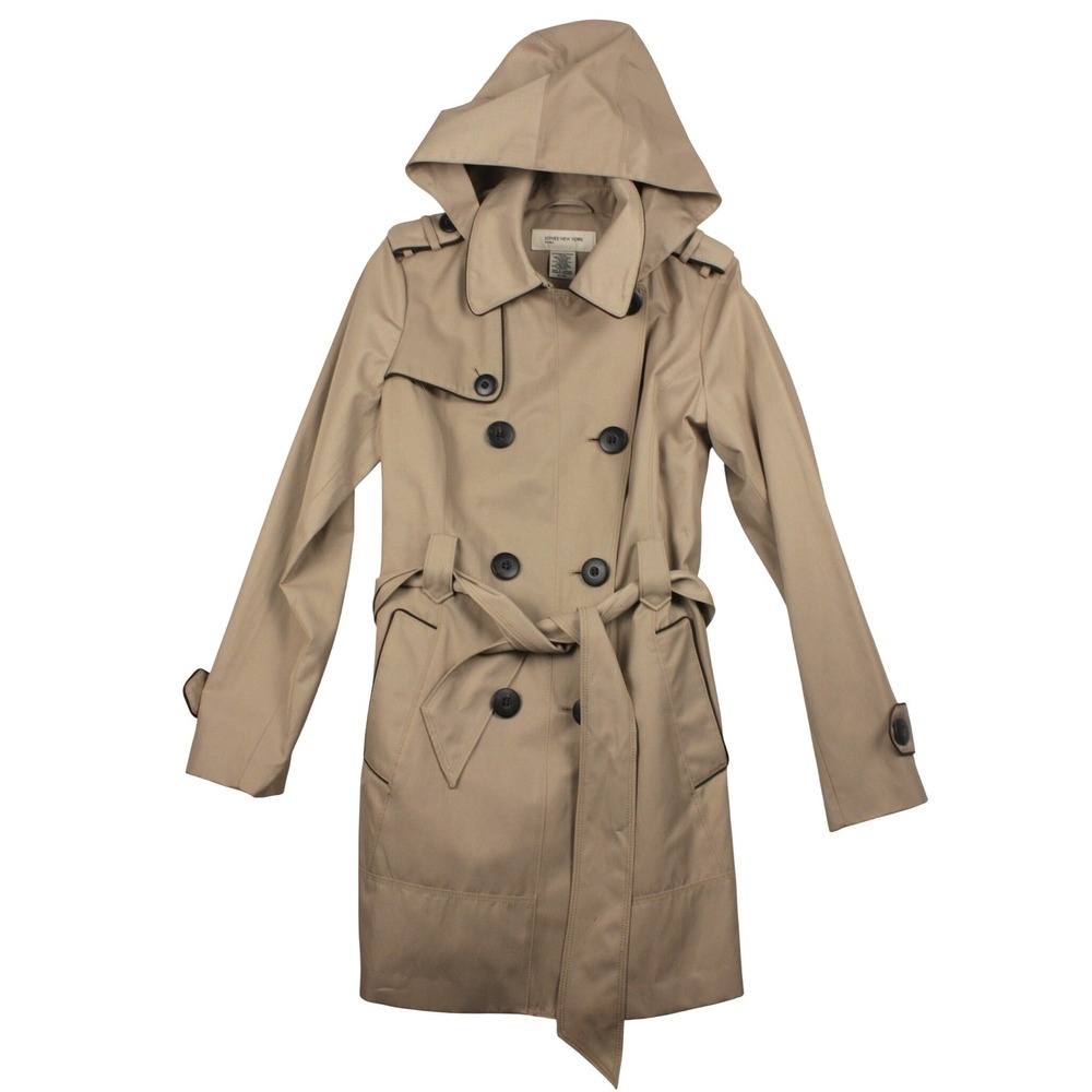 Jones New York Sport Trench Coat Women M NWT Hooded Belted Khaki Raincoat